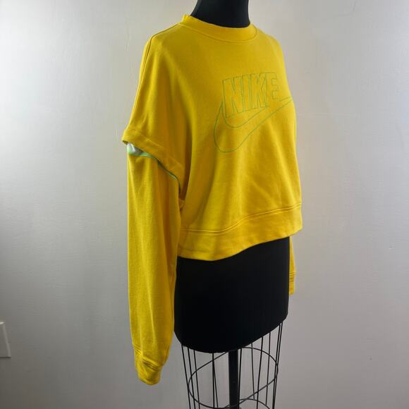 NIKE Yellow Green Cropped Sweatshirt Cotton Snap Detachable Sleeve Size Medium M - Picture 8 of 14